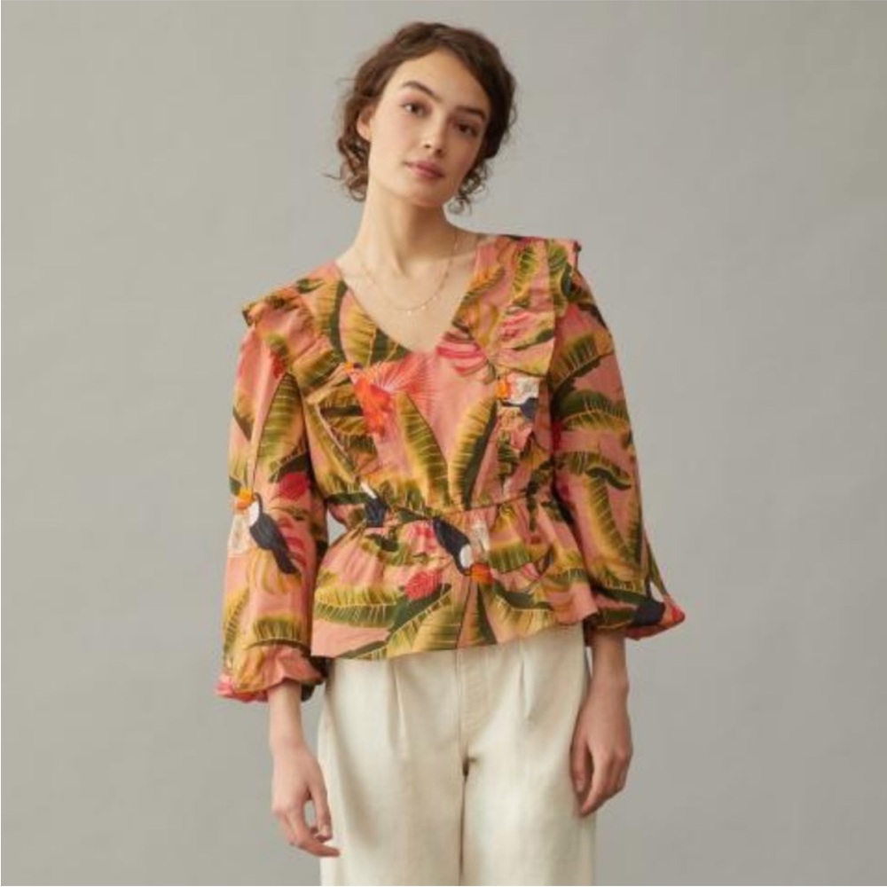 FARM Rio Yasmine Parrot Ruffle Blouse Size Large NWT - Picture 2 of 14